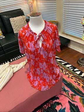 Cato Red & Lavender Floral Tie-Neck Short Sleeve Blouse